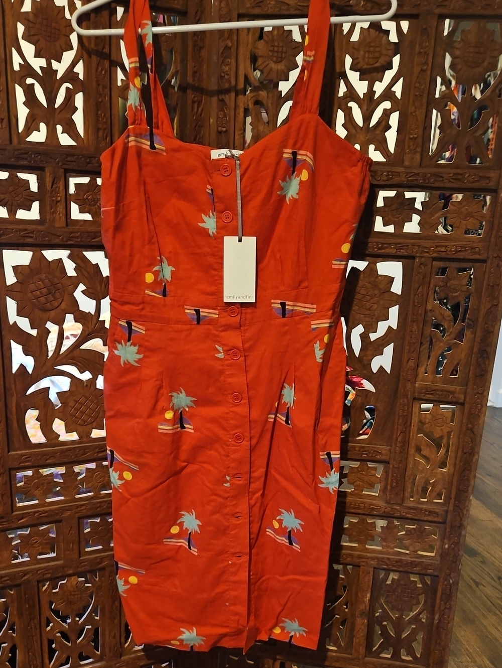 Emily & Fin Hannah Tropical Red Button-Down Midi Dress L NWT
